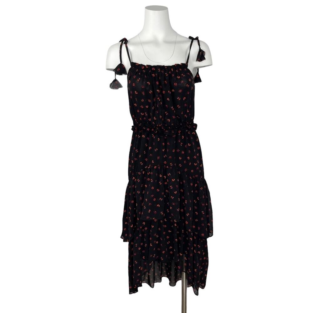 NWT $88 EVIE Black Floral Tiered Hem Tie Shoulder Dress XS